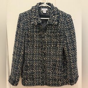 Madison Studio Black, Cream, and Blue Fringed Tweed Blazer